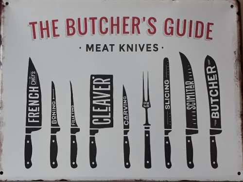 The butcher`s guide. Meat knives metal sign.