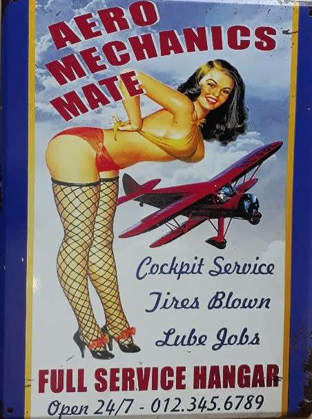 Aero mechanics mate. Full service hanger, flight metal sign