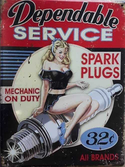 Dependable Service spark plugs garage metal sign.
