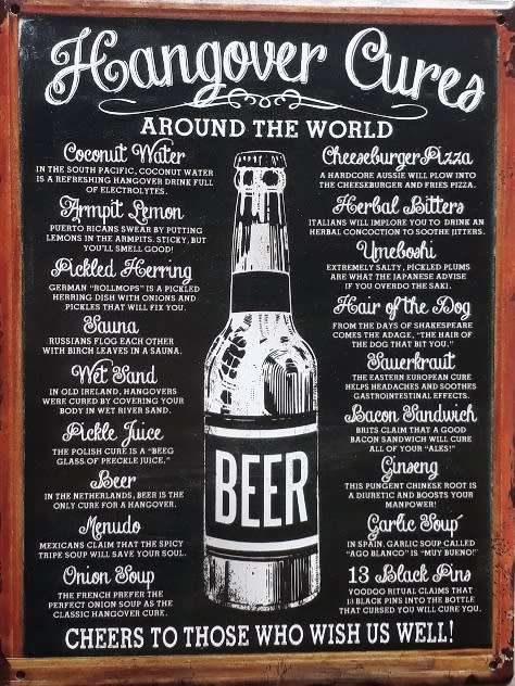 Hangover cures around the world. Beer metal sign.