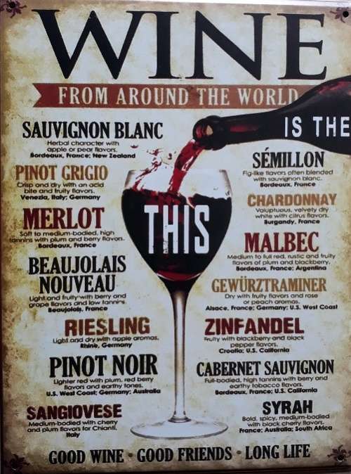 Wine from around the world vintage style metal sign