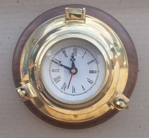 Decorative Brass Porthole Clock on a Solid Wooden Base