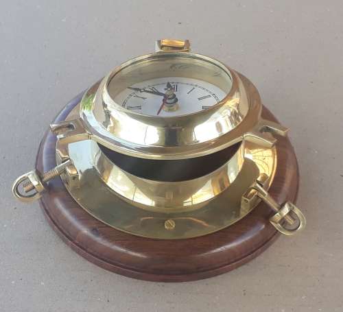 Decorative Brass Porthole Clock on a Solid Wooden Base