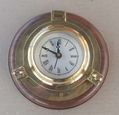 Decorative Brass Porthole Clock on a Solid Wooden Base