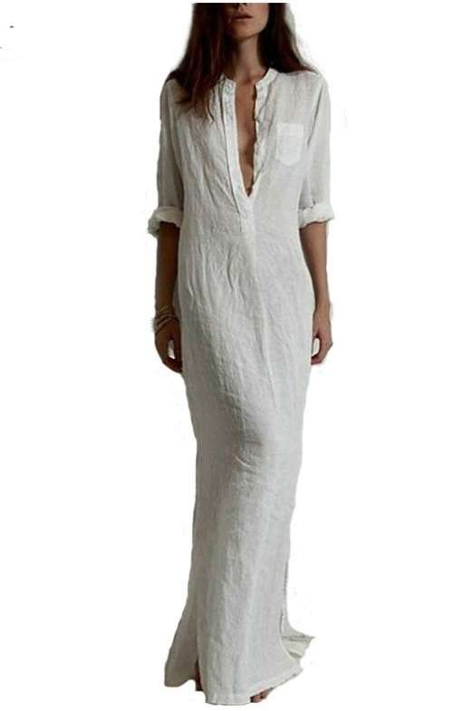 Women Sexy Casual Dress Long Sleeve Deep V Neck Linen Split Solid Long Maxi Dress