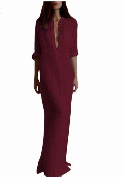 Women Sexy Casual Dress Long Sleeve Deep V Neck Linen Split Solid Long Maxi Dress