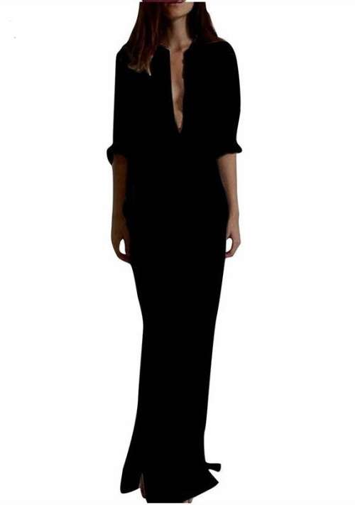Women Sexy Casual Dress Long Sleeve Deep V Neck Linen Split Solid Long Maxi Dress