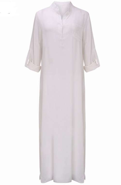 Women Sexy Casual Dress Long Sleeve Deep V Neck Linen Split Solid Long Maxi Dress