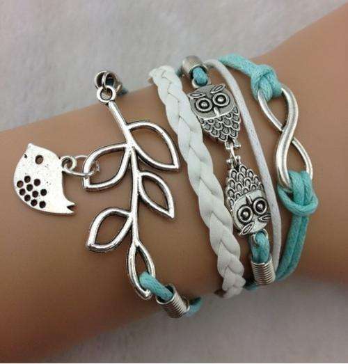 Bracelet- Infinity, Owls & Lucky Branch/Leaf and Lovely Bird Charm