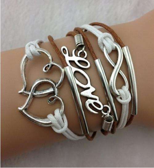 Bracelet-infinity, love and double hearts -silver tube bracelet