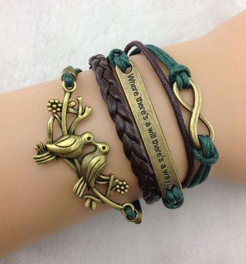 Bracelet-Infinity,"where theres a will theres a way" and love birds charm
