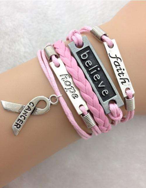 Bracelet-Love,faith,believe and Breast Cancer Awareness Ribbon Charm