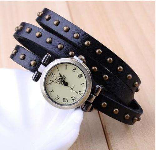 Round Rivets Rome Bracelet Watch Genuine with Leather Band-Blue