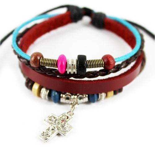 Bracelet- Braided Leather with alloy charm slide bracelet with Cross charm