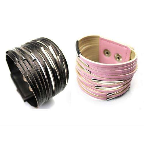 Bracelet- PU leather look, press stud Black/pink/white