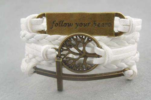 Bracelet- Tree of life, cross and "Follow your heart" charm in various colours