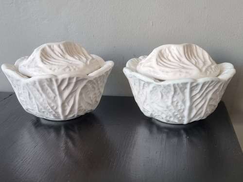 Pair Porcelain Cabbage Dishes with Lids.