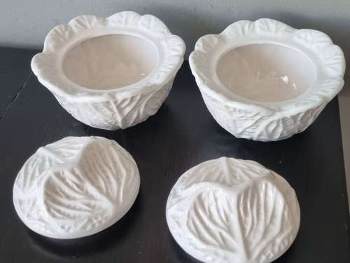 Pair Porcelain Cabbage Dishes with Lids.