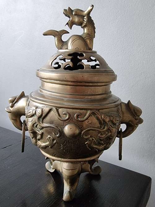 Vintage Extra Large Brass Oriental Dragon Incense Burner!!