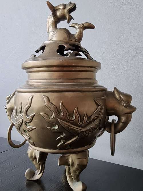 Vintage Extra Large Brass Oriental Dragon Incense Burner!!