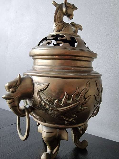 Vintage Extra Large Brass Oriental Dragon Incense Burner!!