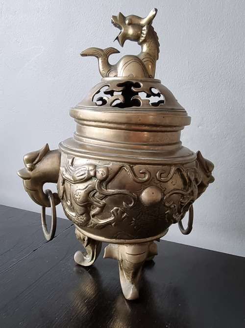 Vintage Extra Large Brass Oriental Dragon Incense Burner!!