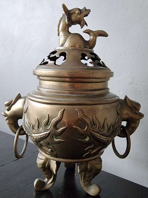 Vintage Extra Large Brass Oriental Dragon Incense Burner!!