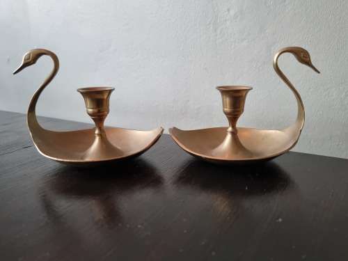 Stunning Pair Solid Brass Candlestick Holder Swans!!