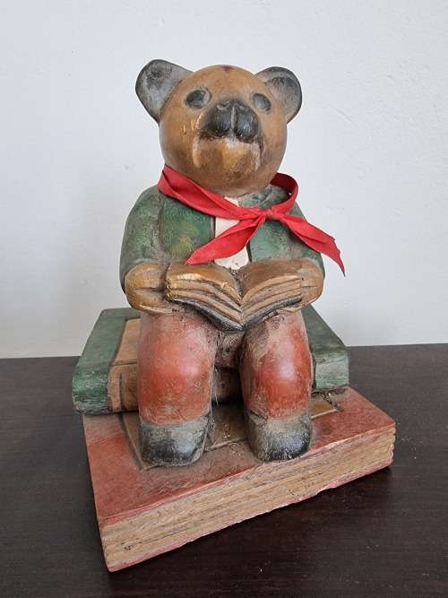 Wood Bear Figurine seated on Books!