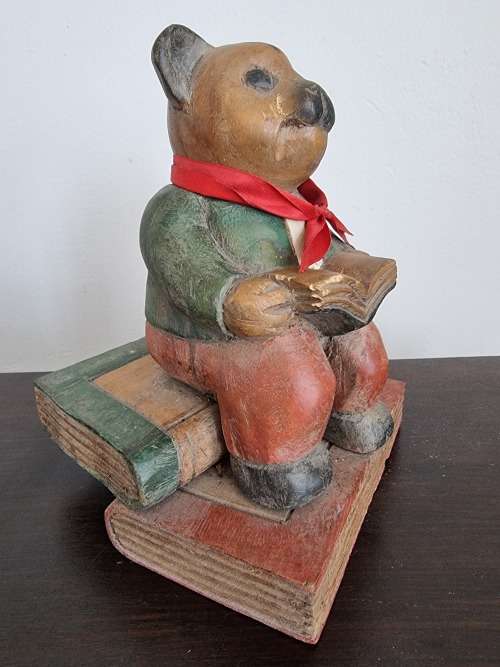 Wood Bear Figurine seated on Books!