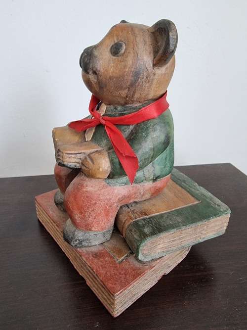 Wood Bear Figurine seated on Books!