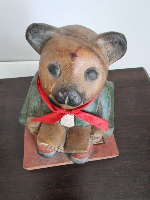 Wood Bear Figurine seated on Books!