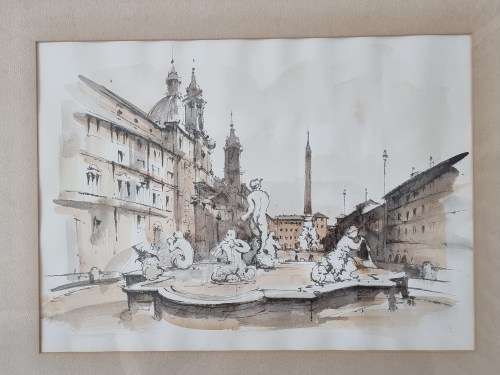 Fontana del Moro, Piazza Navona, Rome Italy, watercolor.