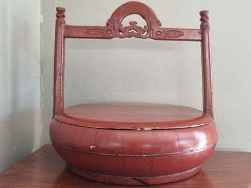 Antique Red Lacquered Chinese Rice Carrier.