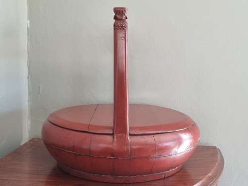 Antique Red Lacquered Chinese Rice Carrier.