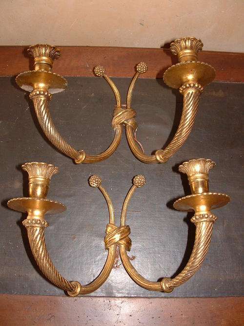 STUNNING PAIR TWIN LIGHT BRASS TRUMPET WALL LIGHT FITTINGS