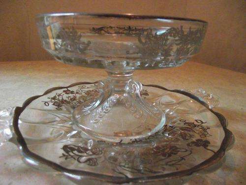 STUNNING GLASS FOOTED SWEET DISH AND PLATE