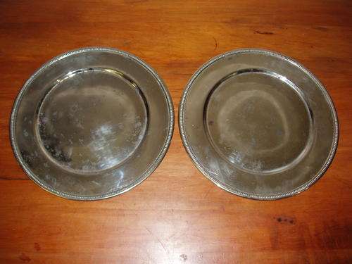 PAIR SILVER METAL CHARGERS 29.5 CM DIAMETER