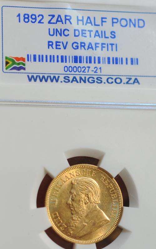 1892 ZAR GOLD HALF POND UNC DETAILS REV GRAFFITI SCARCE AND RARE GREAT COIN WORTH EVERY CENT