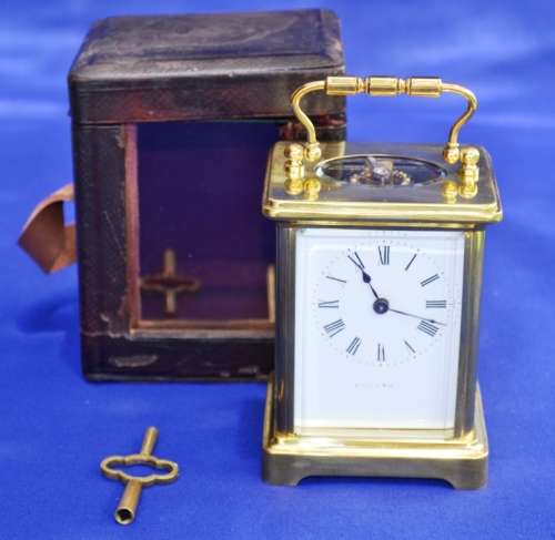 Antique 19th Century Gilt Carriage Clock with Leather Case