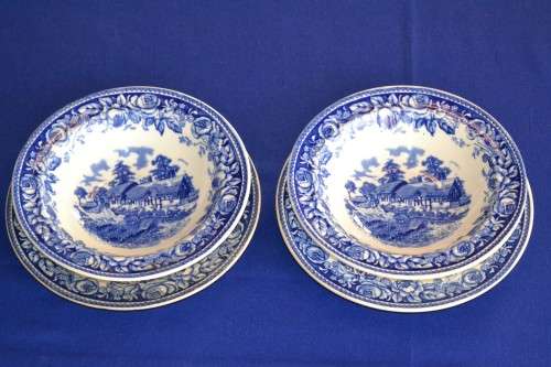 British Anchor Strafford Blue and White Pudding Bowls and Side Plates - 4 Pieces