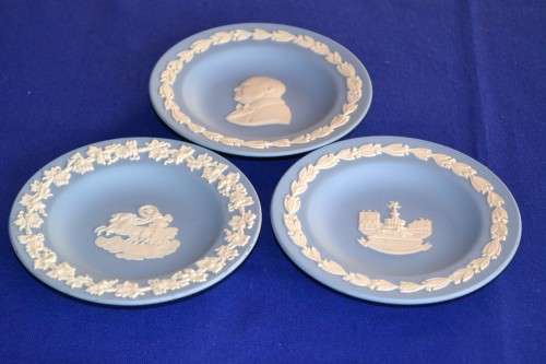 Wedgwood Jasperware White on Blue - Set of Three Small Round Pn Trays