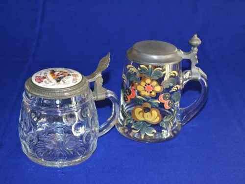 Glass Beer Tankards with Pewter Lids - Two