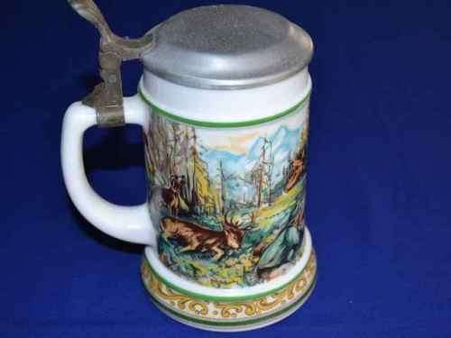 Original BMF Bierseidel White Milk Glass Stein with Pewter Lid