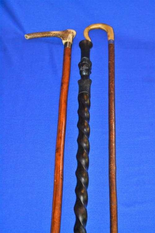 Vintage Walking Sticks x 3 - Ebony Barley Twist and Antler Handle