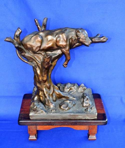 Clay Sculpture Resting on Branch with Stand