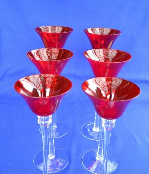 Set of Six Red Long Stemmed Glasses