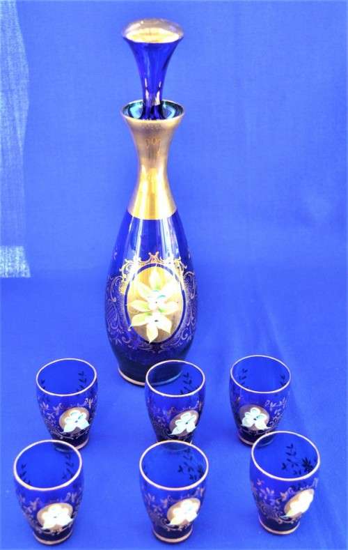 Murano / Venetian cobolt blue glass decanter and six glasses