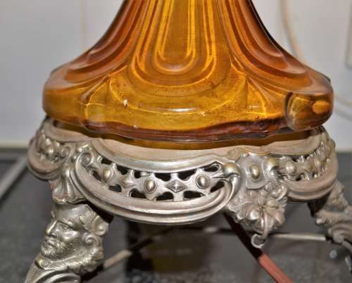 Vintage Amber Glass Lamp with Metal Rococo Style Base