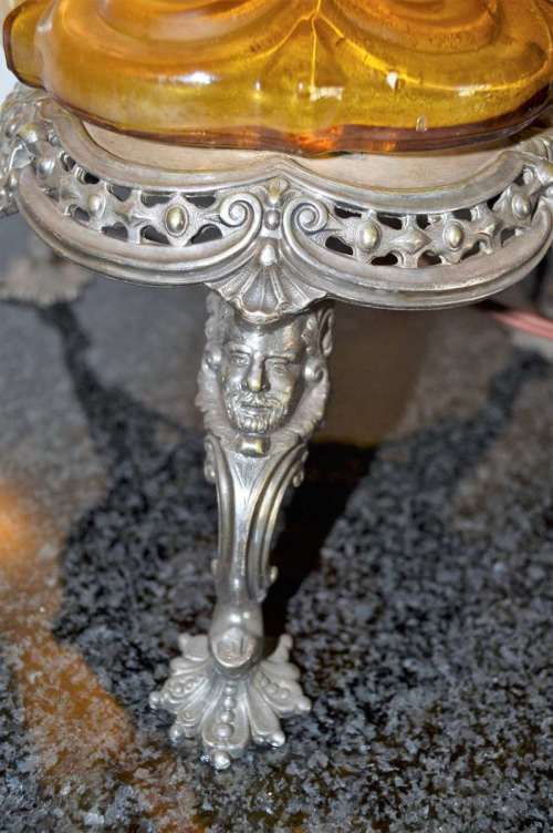 Vintage Amber Glass Lamp with Metal Rococo Style Base